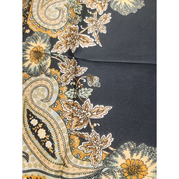 Paisley Floral Silk Scarf 27" Square Black Yellow Mint Accents Hand-Rolled - Picture 7 of 14